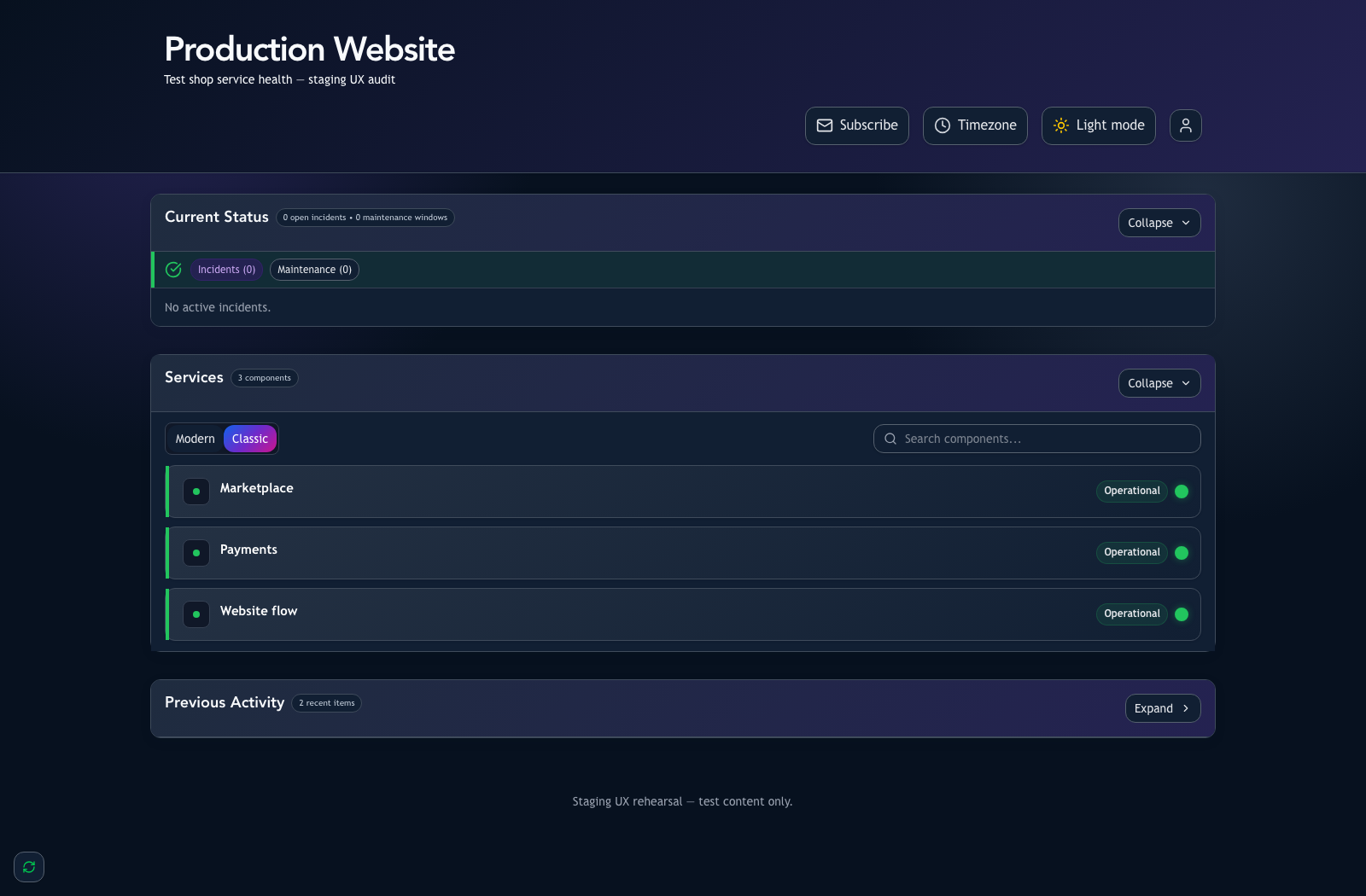 An actual public staging status page showing service health in its customer theme