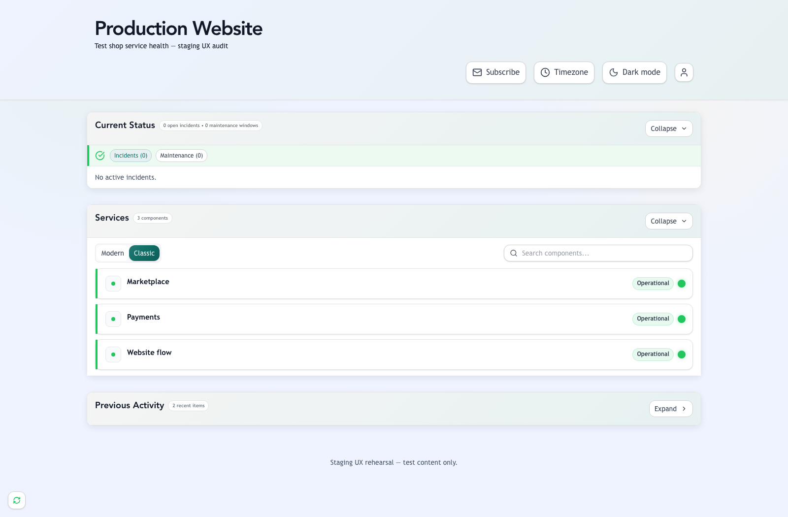 An actual public staging status page showing service health in its customer theme